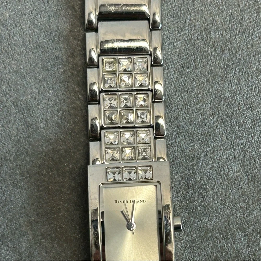 River Island Quartz Ladies rectangular crystal rhinestone cubic zirconia Watch